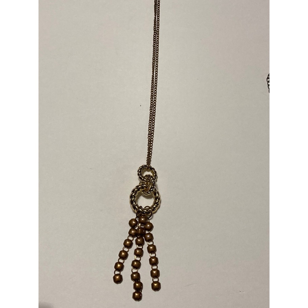 Gold Tone Double Twisted Ring Pendant Necklace Plastic Copper Beaded Tassels